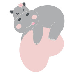 Valentine hippo theme. Cute cartoon hippo resting on a pink heart.