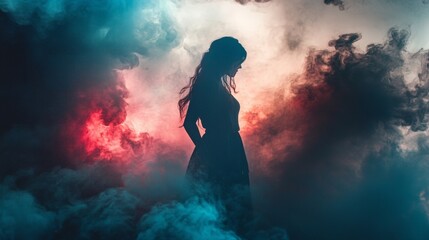 Obraz premium Silhouette of a woman standing in mystical smoke