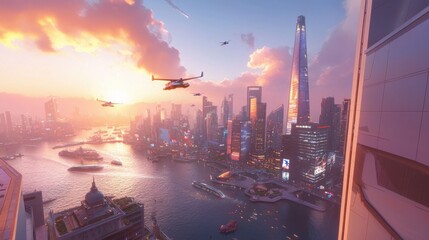 City skyline at sunset with helicopters flying over waterfront in a vibrant urban landscape