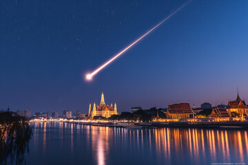 Obraz premium A striking comet with a shimmering tail blazing through the Bangkok night sky, casting a brilliant glow over the Grand Palace and Chao Phraya River