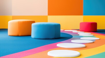A Colorful Rainbow Playground Room for Kid Concept, Bright and Colorful Playroom with Foam Stepping Stones for Kids to Inspire Creativity and Imagination