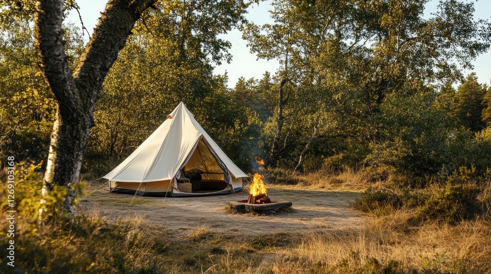 Poster Cozy campsite with a tent and campfire surrounded by trees in a serene natural setting during sunset. Generative AI