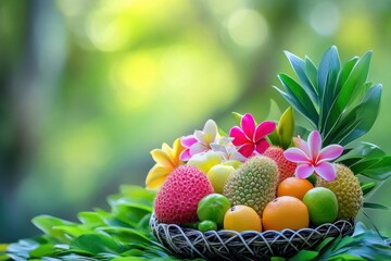 Vibrant Fruit Basket with Tropical Flowers and Lush Green Background