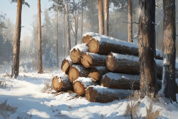 Snow-Covered Logs Stacked in a Quiet Winter Forest Scene