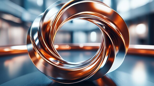 Abstract metallic torus, modern interior, blurred background, technology concept - Powered by Adobe