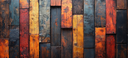 Vivid photorealistic portrayal of aged wood panels in various colors.