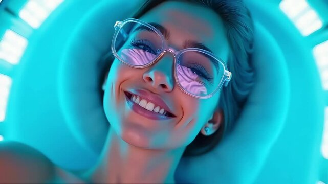 smiling woman in a tanning bed
