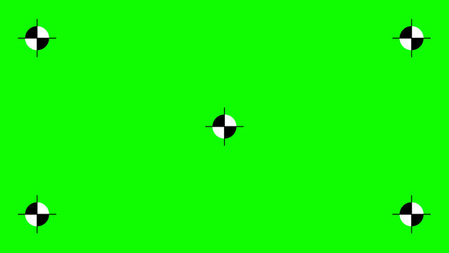 Greenscreen template. Green background with tracking black cross marks. Chromakey video technology to add visual effects or VFX in footage during movie post-production phase. Vector flat illustration.