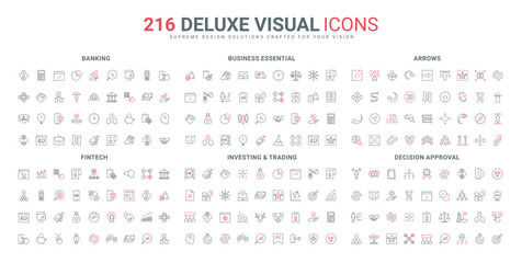 Stock market investment and trading, fintech decision approval, business deal and online marketing line icon set. Blockchain and bank payment, thin black and red outline symbols vector illustration