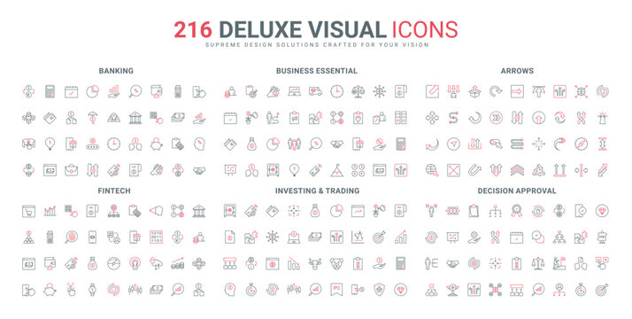 Stock market investment and trading, fintech decision approval, business deal and online marketing line icon set. Blockchain and bank payment, thin black and red outline symbols vector illustration