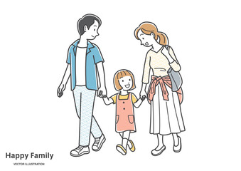 仲良く手を繋いで歩く3人家族