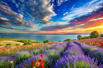 Fototapeta premium Panoramic Lavender & Poppy Field, Blue Sky, Sea Horizon - Impressionist Oil Painting Banner