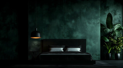 Dark bedroom interior design, green wall, plants