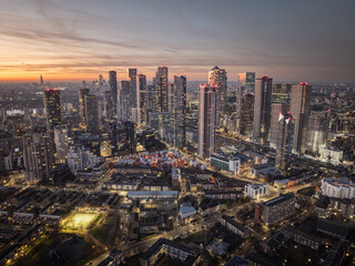 Canary Wharf shot from the air at sunset