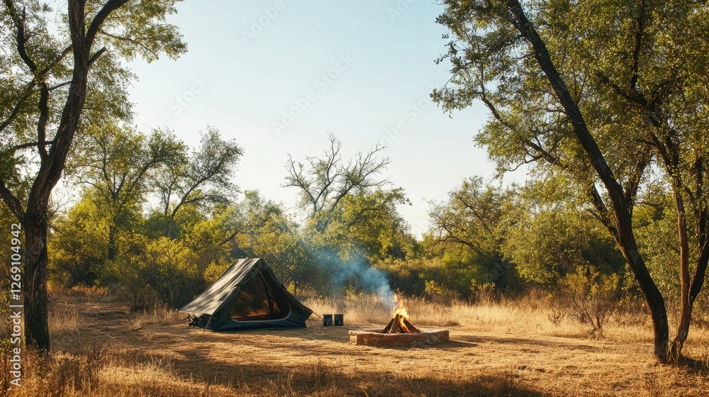 Poster relaxing camping setup with a tent and campfire in a serene natural setting during daylight hours. g