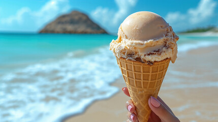 Woman enjoying ice cream cone on a beautiful beach with turquoise water and waves gently lapping the shore