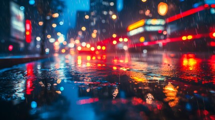 Rain falling on city street at night reflecting blurred traffic lights