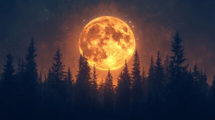 Huge orange moon rising above the spruce forest at night