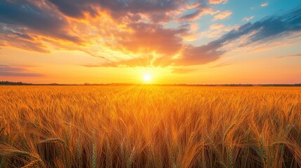 Obraz premium Scenic view of wheat field bathing in golden sunset light