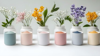 Fototapeta premium Vases with colorful flowers are placed next to small containers filled with colored powders in pastel tones. Concept Colorful Flower Arrangements, Pastel Powder Containers, Creative Decor Ideas