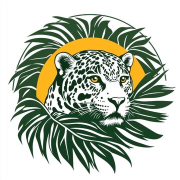 Elegant Jaguar Logo in Tropical Circle Surrounded by Lush Foliage