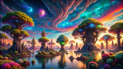 Panoramic Surreal Landscape: Twisted Trees, Floating Islands, and a Bizarre Sky