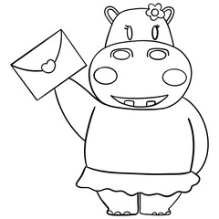 Outline coloring valentine hippo theme ,Cute hippo holding a love letter in a playful pose.