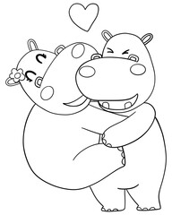 Outline coloring valentine hippo theme ,Cute hippos embracing with a heart above them.