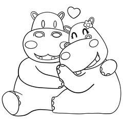 Outline coloring valentine hippo theme, Cute hippos embracing with a heart above them.