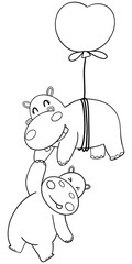 Outline coloring valentine hippo theme ,Cute hippos with a heart balloon in a playful scene.