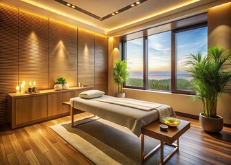 Fototapeta premium Panoramic View: Empty Modern Spa Massage Room - Serenity and Relaxation