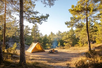 Secluded camping spot in a forest with a warm campfire surrounded by tall pine trees in early evening light. Generative AI