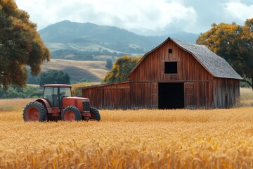 Fototapeta premium Red tractor parked near wooden barn in golden wheat field with scenic hills