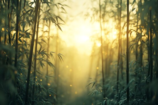 Golden sunlight shining through lush green bamboo forest at sunrise