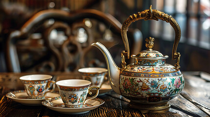 On a hardwood table an exquisite tea service is served with a kettle and ornamental cups