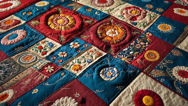 colorful handmade patchwork quilt with intricate embroidery details and traditional fabric patterns