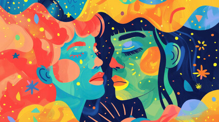 watercolor illustration, World Bipolar Day, silhouette of a gemini girl, opposite personalities, bright colorful background, vintage postcard