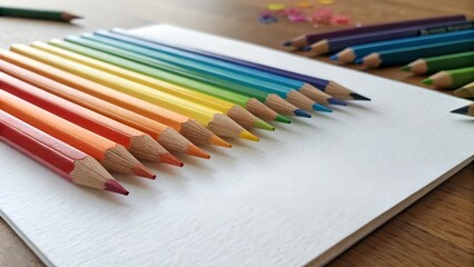 Naklejka premium Rainbow of Creativity: A vibrant spectrum of colored pencils lies neatly arranged on a blank sketchbook, ready to unleash a burst of creativity and color.