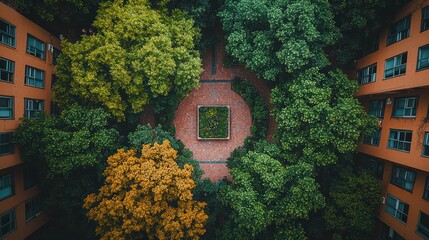 Aerial view apartment courtyard garden, lush trees, brick paving, peaceful urban oasis, stock photo