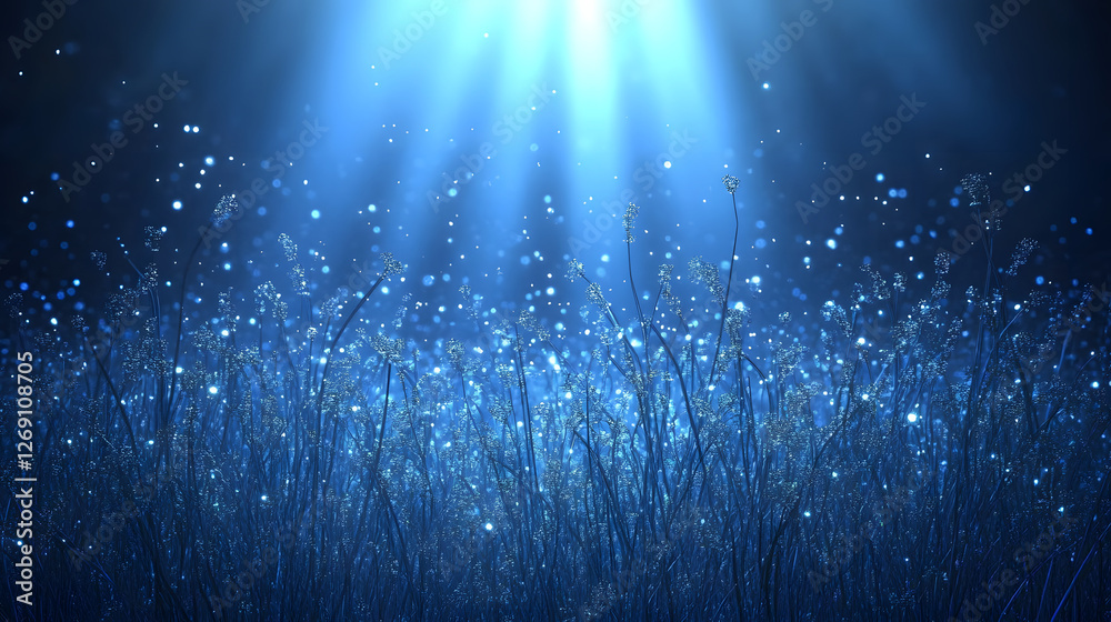 Poster A tranquil underwater scene with soft blue light filtering through water, illuminating floating particles and aquatic vegetation