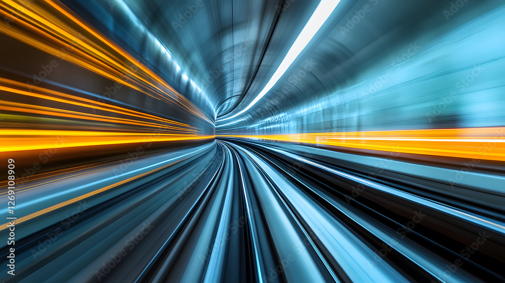 Poster a dynamic, abstract image depicting vibrant blue and orange light trails, suggesting high speed and 