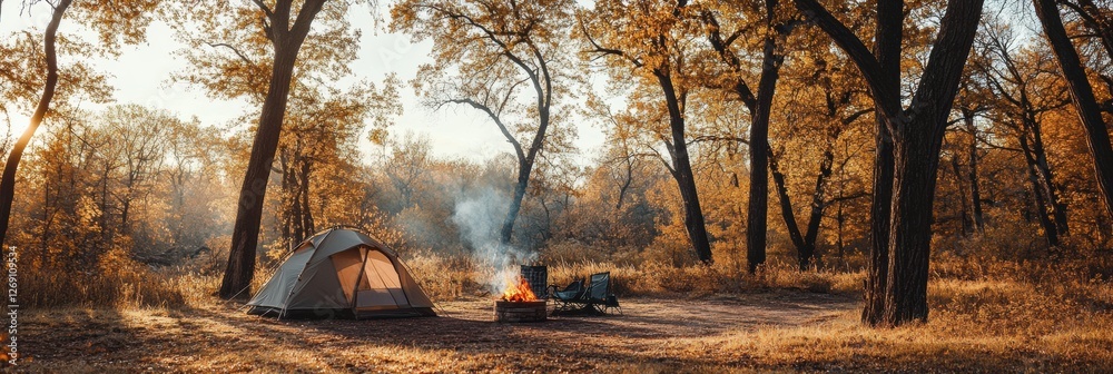 Aufkleber enjoying a cozy autumn camping experience by the fire in a serene forest setting with colorful folia
