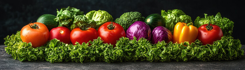 Fresh vegetables arranged beautifully on dark background, showcasing vibrant colors and textures.