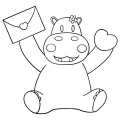 Outline coloring valentine hippo theme ,Cheerful hippo holding a letter and heart icon.