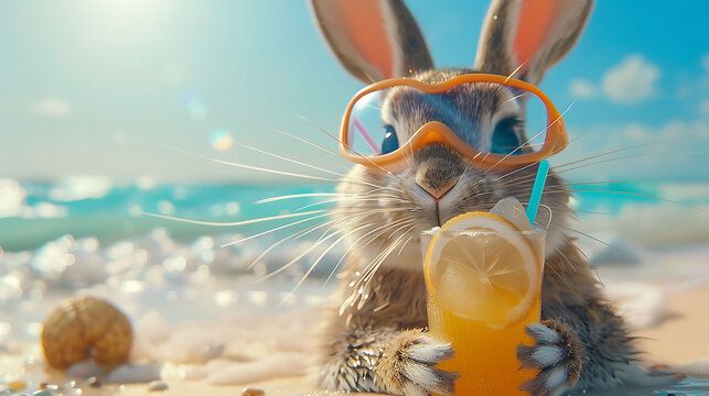 On the shore a bunny wearing goggles sips an iced drink