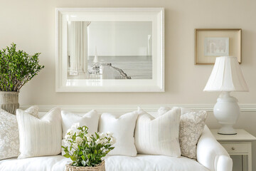Naklejka premium empty white wooden photo frame hanging on white wall 