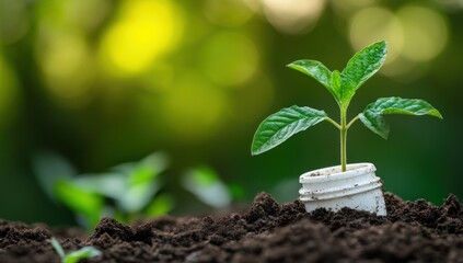 A Seedling Emerging from Recycled Plastic: Nature's Resilience