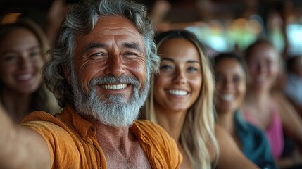 Group of smiling friends enjoying a sunny day at a beach bar, capturing a joyful moment together