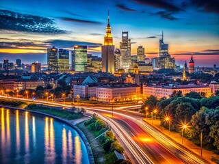 Obraz premium Panoramic Warsaw Cityscape at Night - Long Exposure Photography