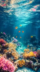 Fototapeta premium Underwater colorful coral reef and tropical fish swimming in the ocean